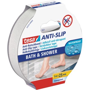 Nastro antiscivolo Tesa per bagno e doccia, trasparente, 5 m x 25 mm. Tappetino antiscivolo per maggiore sicurezza.