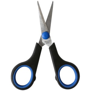 Papierschere, spitz, 12,5 cm, mit schwarzen Griffen und blauen Akzenten.