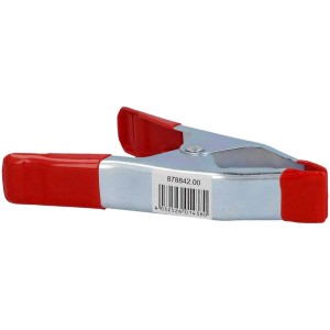 Morsetto a molla in metallo, 150 mm, con manici in plastica rossa e ganasce protettive.