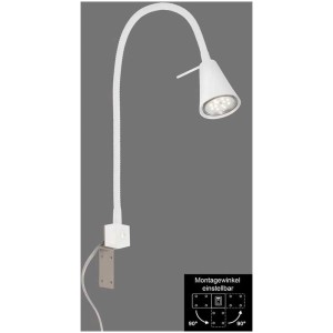 Lampada da lettura a LED Briloner bianca con braccio flessibile e fissaggio variabile.