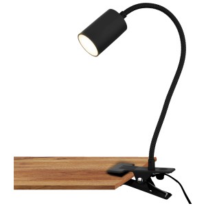 Lampe à pince LED Briloner noire avec col de cygne et lumière blanc chaud.