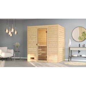 Sauna en bois massif Weka Valida 2 avec porte en verre, en épicéa naturel.