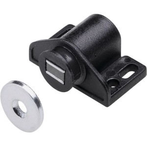 Hettich loqueteau magnétique rond noir avec contre-plaque argentée pour portes de meubles. Réglable.