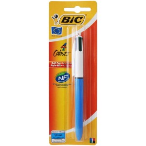 Stylo bille 4 couleurs BIC, bleu, rechargeable, avec clip. Idéal bureau et école.