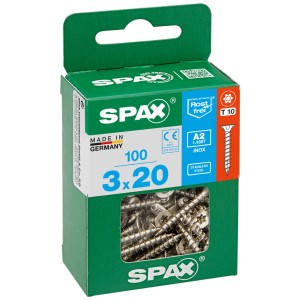 Viti Spax in acciaio inox A2, 3x20mm, 100 pezzi in scatola verde. Viti per truciolare.