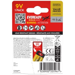 Batteria alcalina Energizer Eveready Gold 9V, confezione singola. Per un'alimentazione affidabile.