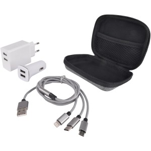 Set da viaggio universale USB con alimentatore, adattatore per auto, cavo di ricarica e borsa per dispositivi mobili.