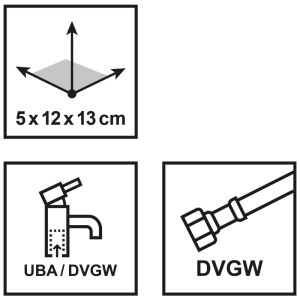 Miscelatore monocomando per lavabo Tirso: vista dettagliata delle dimensioni, certificazione UBA/DVGW e tubo di collegamento DVGW.