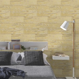 Panneau mural jaune Grosfillex Element Compact Cabane dans une chambre. Panneaux décoratifs aspect bois.