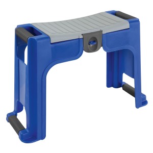 Tabouret de jardin LUX bleu avec coussin de genoux gris et poignées. Aide pratique pour le travail au sol.