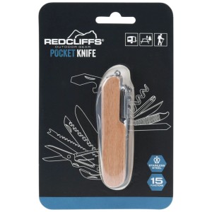 Redcliffs Taschenmesser, 9 cm Klappmesser mit hellem Holzgriff, Edelstahl, 15 Funktionen, in Verpackung. Outdoor.