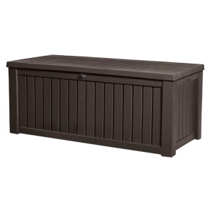 Coffre de jardin Keter Rockwood, marron expresso, 570 l, aspect bois pour rangement accessoires de jardin.