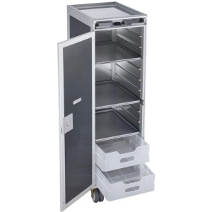 Carrello aereo Diaqua, alluminio antracite, con anta aperta, cassetti e ruote. Scaffale da bagno versatile.