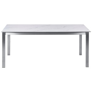 Tavolo da giardino Beliani Cosoleto effetto marmo, 180x90 cm, vetro di sicurezza e struttura in acciaio inox.