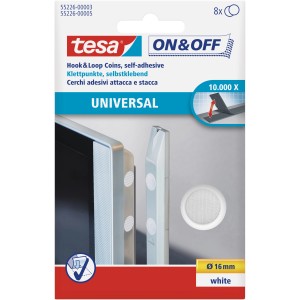 Tesa® On & Off Pastilles velcro universelles, Ø 16 mm, 8 pièces, auto-adhésives, pour textiles et objets légers.