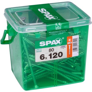 Vis universelles Spax 6x120 mm, 80 pièces dans un récipient vert.