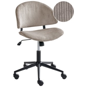 Chaise pivotante Beliani Kiana, velours côtelé beige texturé, réglable, piètement métallique noir à roulettes. Sans accoudoirs.