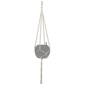 Sospensione macramè Lechuza bianco naturale con vaso grigio in stile boho.