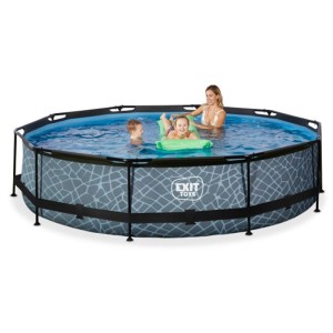 Piscina rotonda Exit Family Pool Stone Grey effetto pietra, Ø 360 cm, con famiglia in acqua.