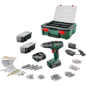 Set avvitatore a percussione a batteria Bosch Universal Impact 18V con accessori, batterie, caricabatterie e valigetta.