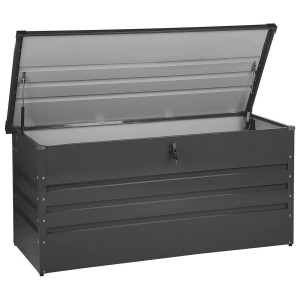 Coffre de rangement Beliani Cebrosa ouvert en acier gris graphite, capacité 400 litres.