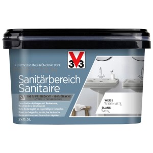 V33 Rénovation Perfection Sanitaire, Blanc Satin, pot de 1 litre.