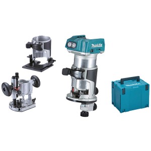 Set affleureuse à batterie Makita LXT 18V sans batterie, avec accessoires et coffret.