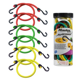 Lot de sandows Master Lock, 6 pièces, multicolores, avec boîte de rangement. Sandows de différentes longueurs.