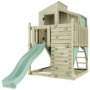 Maisonnette sur pilotis OutdoorToys KometMintgrün en bois avec toboggan et mur d'escalade.