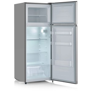 Frigorifero Severin DT8761 aperto, argento, con illuminazione a LED e scomparti. Frigorifero con congelatore.