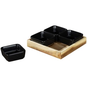 Wenko Dip-Schalen Elo, 5-tlg. Set mit 4 schwarzen Keramikschalen und Akazienholztablett. Küchenhelfer für Dips.
