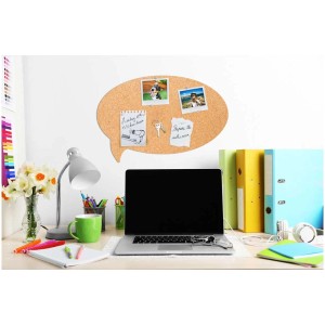 Tableau en liège Bubble 31x46 cm en forme de bulle avec photos et notes sur un mur au-dessus d'un bureau.