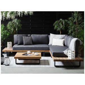 Set lounge Beliani Mykonos 5 posti con tavolo, legno acacia/grigio scuro. Arredo giardino.