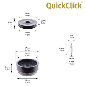 Wagner QuickClick Ultrasoft Slim patins en feutre, lot de 12, noir-gris, avec dimensions.