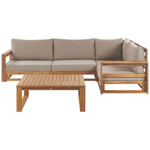 Ensemble lounge Beliani Timor II, 4 places, modulable, avec coussins taupe et table en acacia.