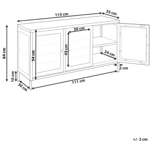 Schéma de la vitrine rouge en acier Beliani Newport avec dimensions (64x115x35 cm).