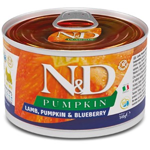 N&D Hunde-Nassfutter mit Lamm, Kürbis und Blaubeeren für kleine, ausgewachsene Hunde, 140g Dose.
