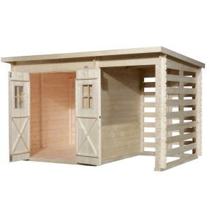 Casetta da giardino in legno OBI Cortina con estensione, finitura naturale, con doppia porta aperta ed estensione laterale.