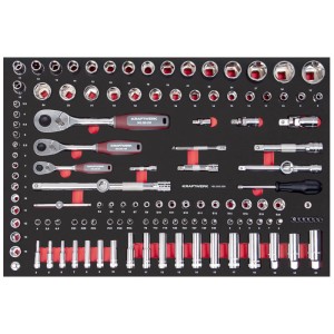 Jeu d'outils Kraftwerk pour servante d'atelier : Douilles, cliquets et accessoires rangés.