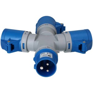 Distributeur en étoile CEE bleu avec 1 fiche et 3 prises, 230V, IP44 pour usage extérieur.