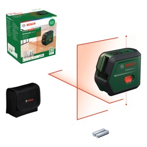 Livella laser a croce Bosch UniversalLevel 2 con accessori: custodia, batterie e confezione.