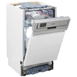 Lave-vaisselle intégrable Sharp QW-HS12S47ES-CH blanc avec porte ouverte et vaisselle.