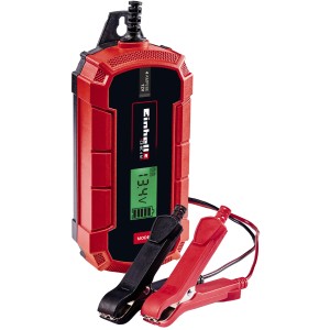 Caricabatterie Einhell CE-BC 4 M: Caricatore rosso con display LCD e morsetti.