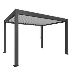Biohort Pergola 4x3 m in Dunkelgrau-Weiß: Moderne Terrassenüberdachung mit Lamellen und Entwässerung.