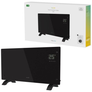 Convecteur intelligent Hombli Black Glass 2000W avec affichage numérique 25° et pieds.