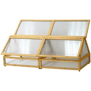 Copertura serra per letto rialzato VegTrug, telaio in legno con pannelli in plastica trasparente.
