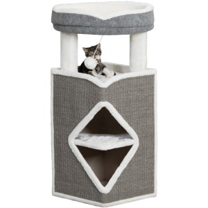 Arbre à chat Trixie Cat Tower Arma, 98 cm, gris/bleu/gris avec chat jouant.