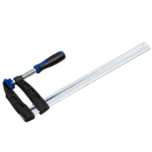 Serre-joint à vis LUX en fonte malléable 300x80 mm Comfort, outil de serrage avec poignée bleu et noire.
