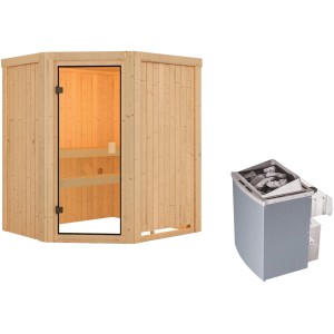 Sauna Woodfeeling Faurin con stufa e porta in vetro, sauna angolare in legno massello per la casa.