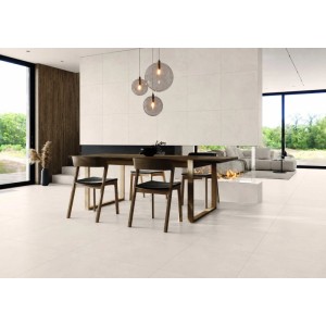 Piastrella pavimento gres porcellanato crema opaco, 59,8x59,8 cm, effetto cemento in soggiorno moderno.